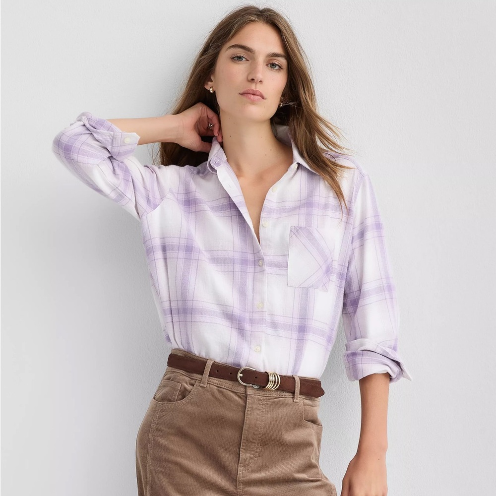 Loft Plaid Flannel Everyday Relaxed Pocket Shirt Pastel Orchid Purple XXS Petite